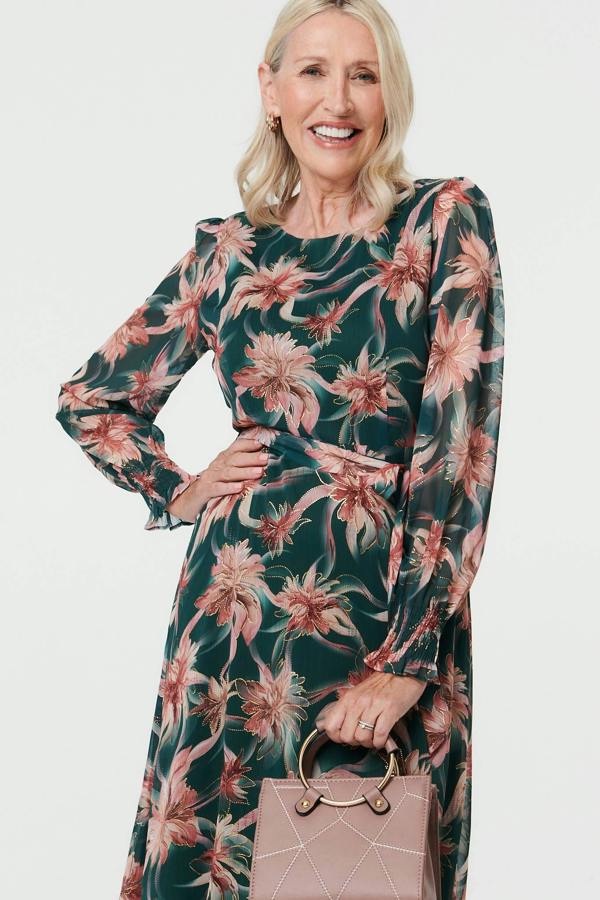 Green | Floral Tie Waist A-Line Maxi Dress