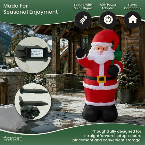 1.8m Inflatable Father Christmas Santa with 3 Internal LED Lights, 12V Fan Motor, Guide Ropes and Transformer, Indoor/Outdoor Christmas Decoration
