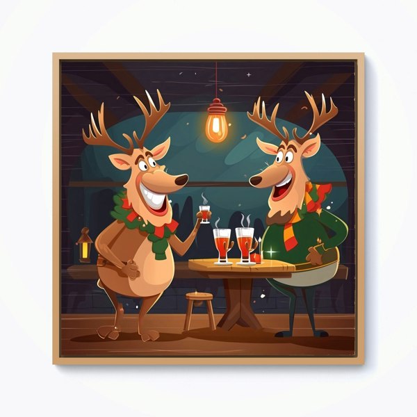 Warren Reed Reindeers Having A Beer Framed Canvas