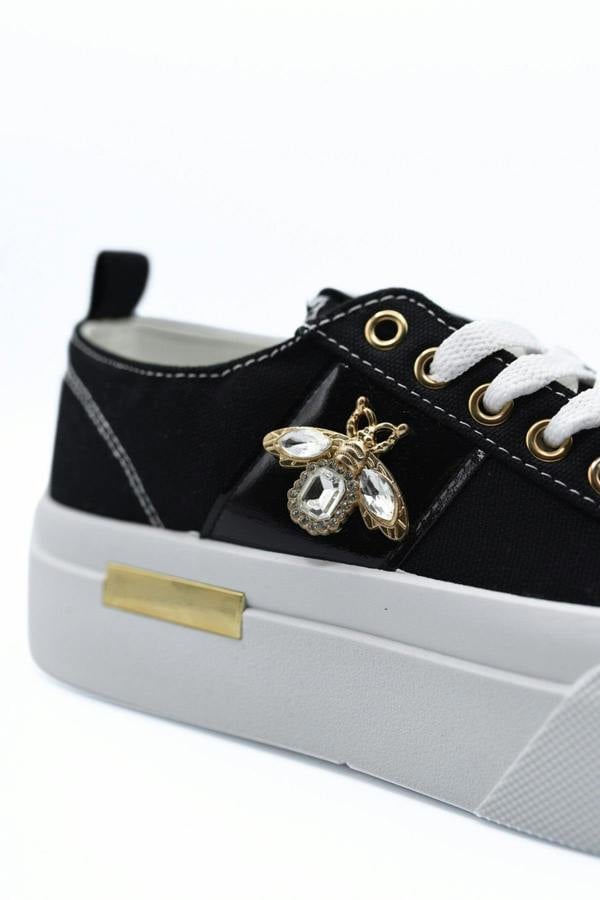Calista Luxe Bee Decorative Lace Up Platform Trainers - Black