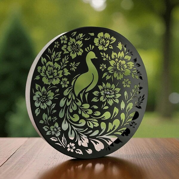 EDH Door Hardware Round Solar Wall Panel with Peacock Outdoor Metal Wall Art with LED Light Weatherproof Garden & Patio Décor | Circular Peacock Panel