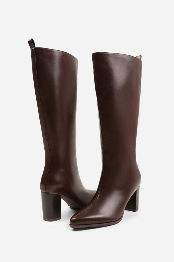 Where's That From Elder Block Heel Knee High Boots With Side Zip in Dark Brown Faux Leather