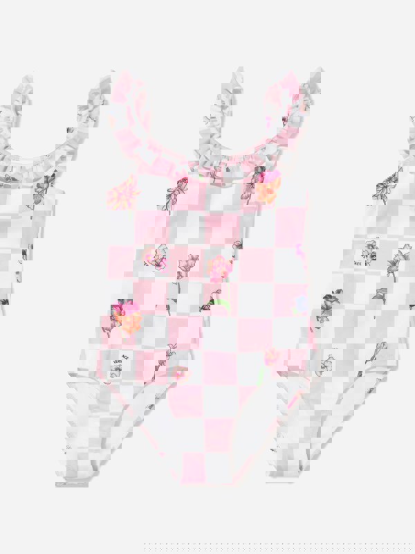 Versace Girls Damier Flowers Swimsuit in Pink