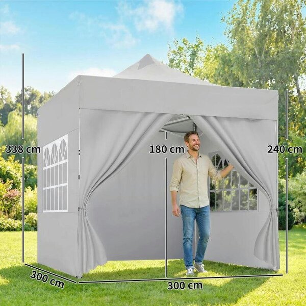 3 x 3 m Pop Up Gazebo with Sidewalls, UPF50+ Heavy Duty Garden Party Tent Marquee with Wheeled Carry Bag, Silver Grey