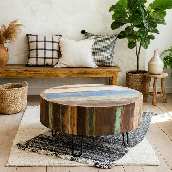 Wyld Haus Seattle Reclaimed Wood and Metal Drum Coffee Table