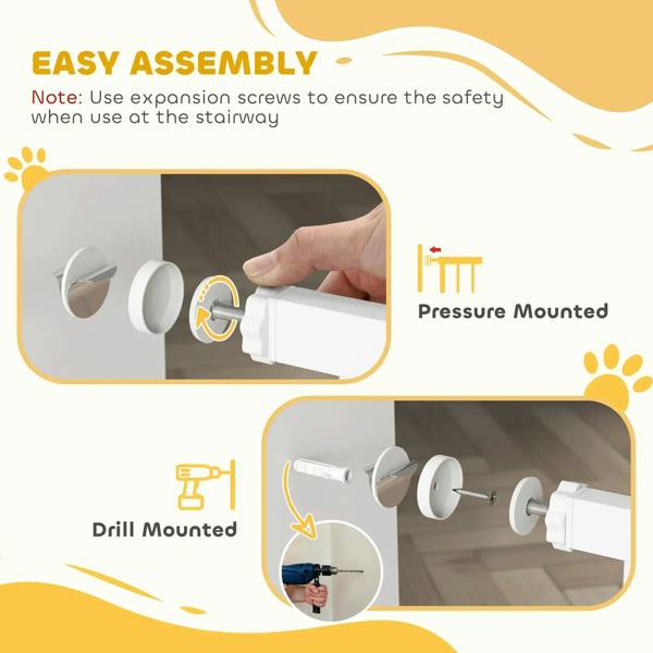 White pressure-mounted dog safety gate easy assembly diagram