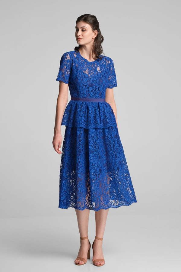 Rumour London Lucia lace midi dress with peplum in royal blue