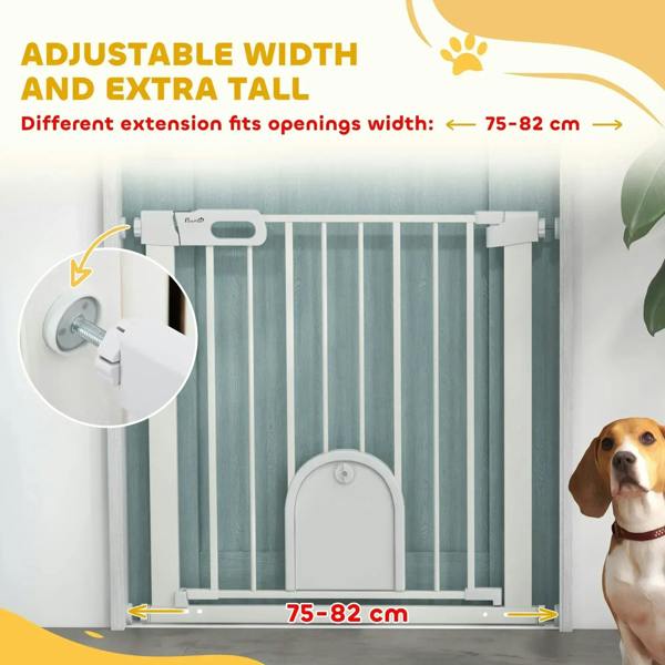 White pet safety gate with arched cat door, adjustable width extension shown
