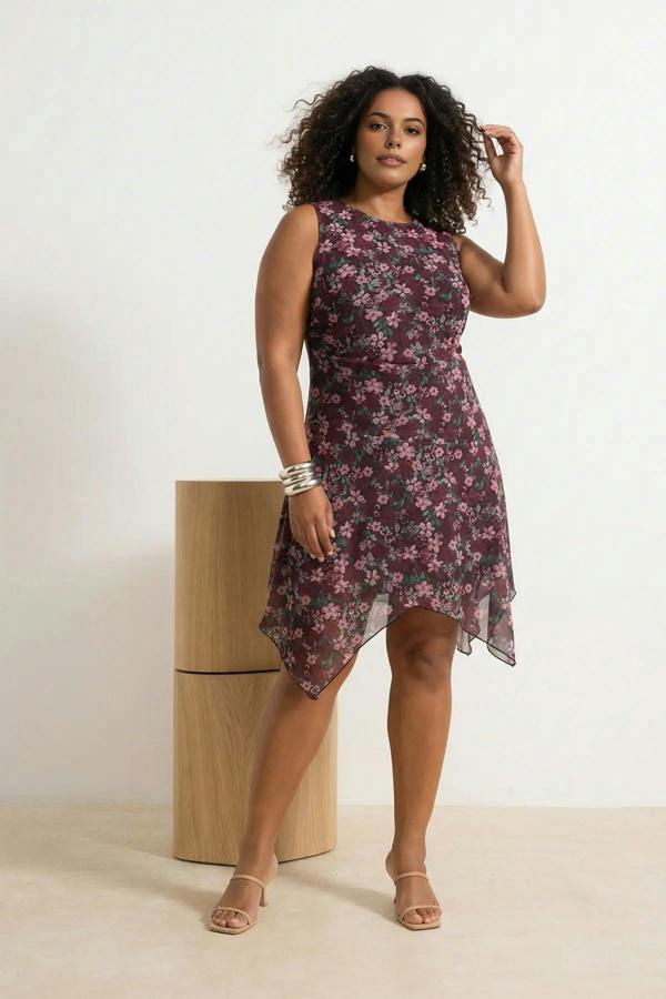 WOVCOR Floral Patterned Tulle Knitted Plus Size Dress