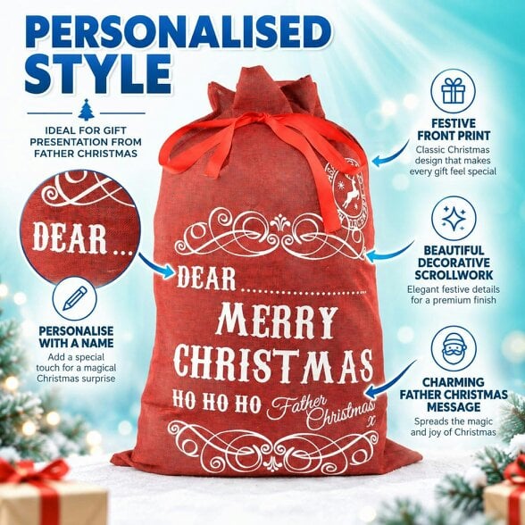 Shatchi 31cm Red Christmas Gift Sack with Ribbon Tie for Personalised Festive Present Wrapping