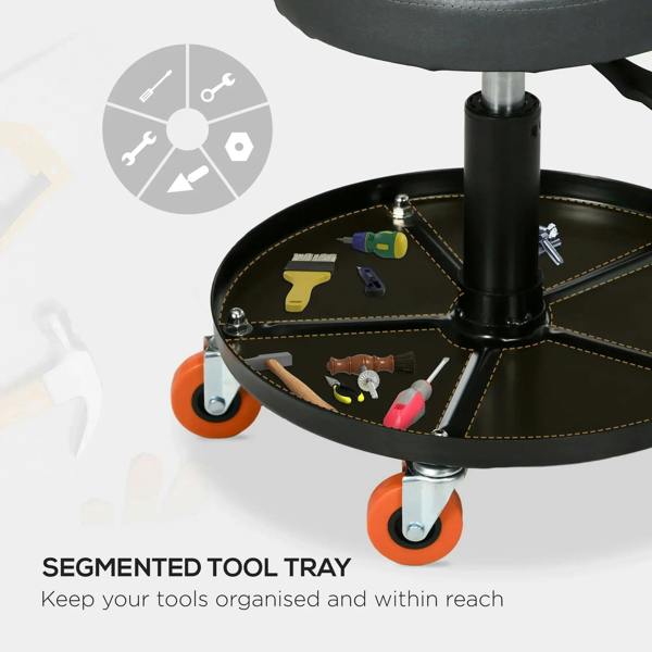 Black segmented tool tray on a mechanic stool base with caster wheels