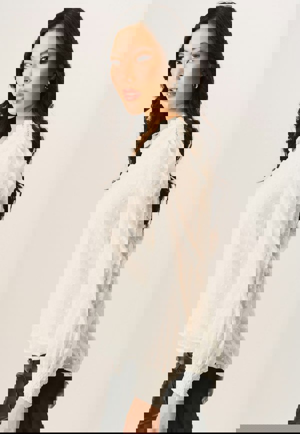 Gini London White Dobby Chiffon Frill Neck Blouse