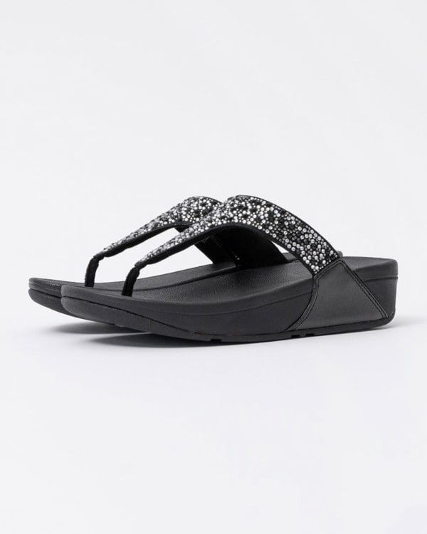 FitFlop Womens Lulu Crystal-Mix Toe-Post Sandals - All Black 090