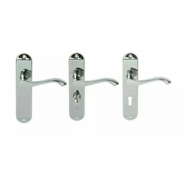 EDH Door Hardware Door Handles Cadenza Chrome Scroll on Backplate, Latch, Lock & Bathroom Sets