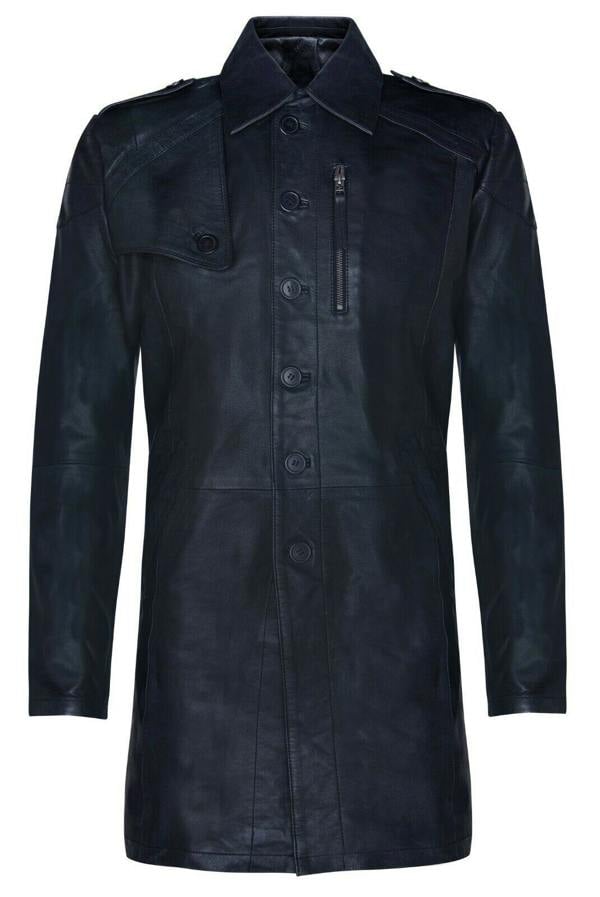 Infinity Leather Mens Soft Long Military Trench Distressed Leather Coat