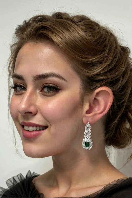 Latelita Countess Gemstone Drop Earrings Emerald Silver