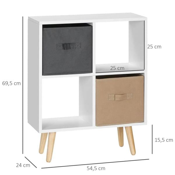White 4-cube storage unit with black and tan fabric drawers and light wood tapered legs