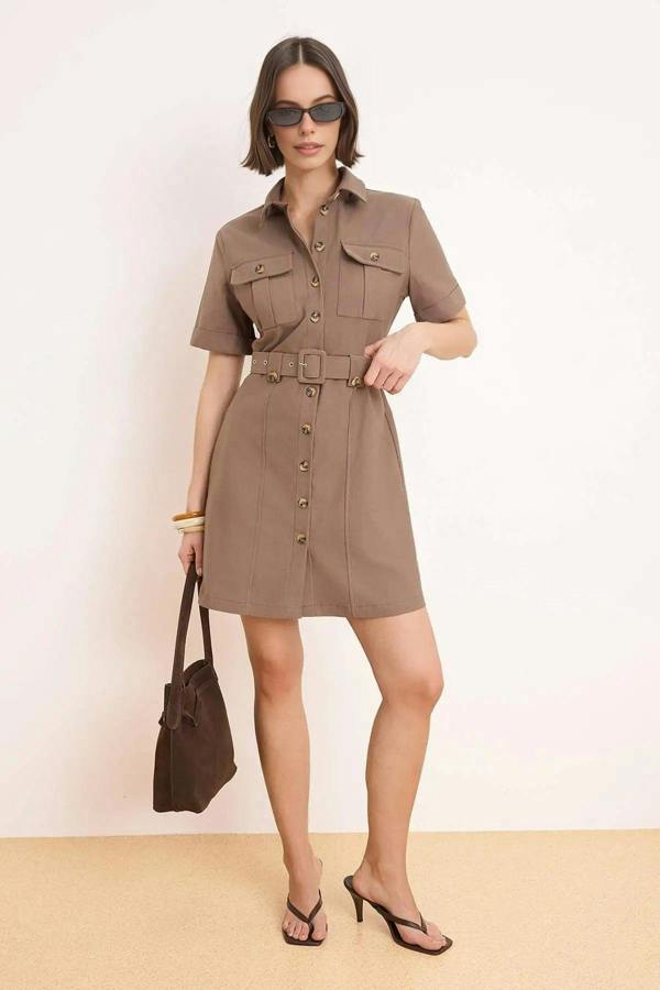WOVCOR Belted Mini Gabardine Woven Shirt Dress
