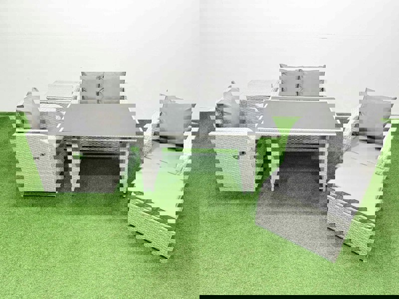 Fimous Outdoor Rattan Garden Furniture Dining Set 5 seater Patio Rectangular Table Love Sofa Reclining Chair Set with Side Table Big Stool