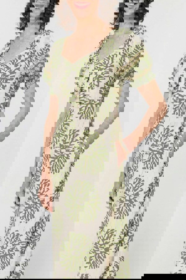 Khaki | Printed Tie Front A-Line Midi Dress
