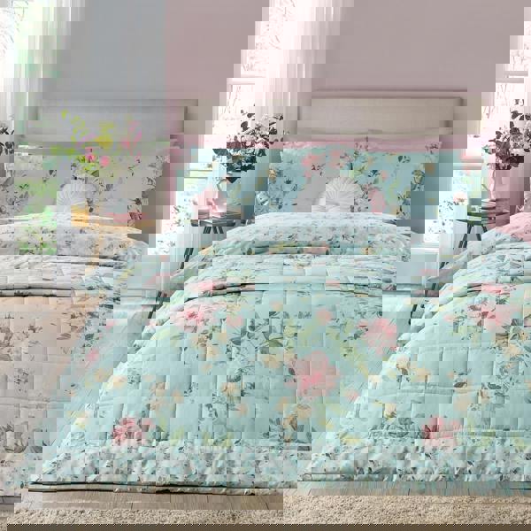 Catherine Lansfield Avebury Floral Reversible Quilted Bedspread Duck Egg Blue