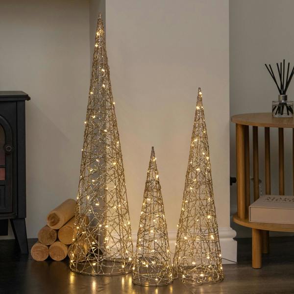Samuel Alexander Set of 3 Gold Light Up Gold Christmas Cones Decorations with 120 Warm White LEDs