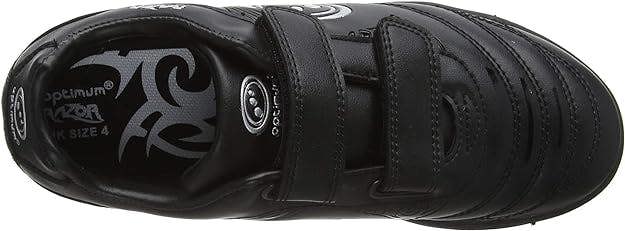 Black Optimum Razor astro trainer top-down view with silver tribal print and twin straps, on white - Optimum