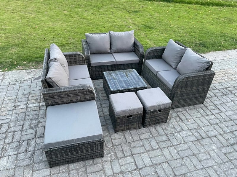 Fimous 9 Seater Outdoor Garden Furniture Sets Wicker Rattan Furniture Sofa Sets with Square Coffee Table Love seat Sofa 3 Footstools