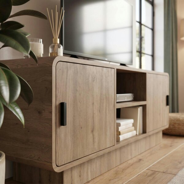Decortie Rovel Round Edge TV Unit with Soft Close Doors and Open Shelves, Natural Oak