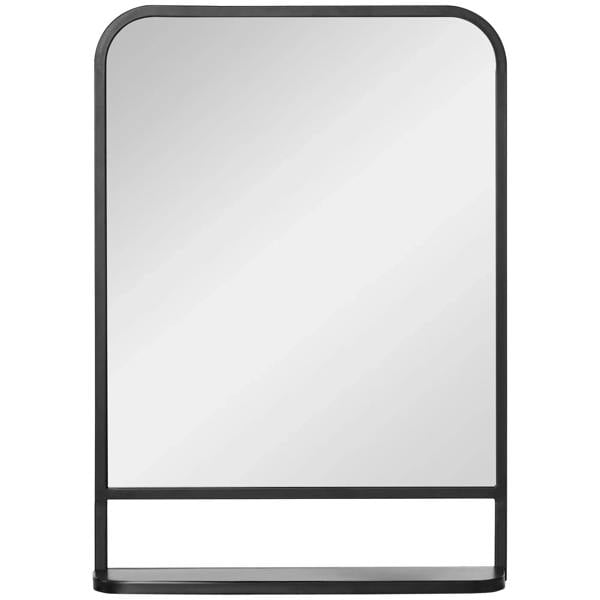 Black wall mirror with rounded square frame and built-in storage shelf at the bottom.