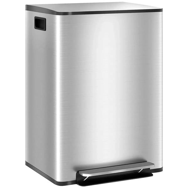 Silver stainless steel dual-compartment bin with foot pedal