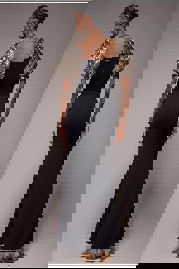 Jacquard Puff Sleeve Sweetheart Scuba Maxi Dress - Black DR4819