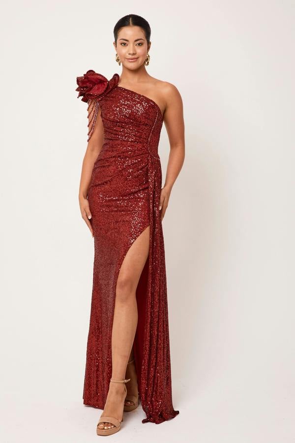 LuvForever Nyla - Wine One Shoulder Sequin Maxi Dress