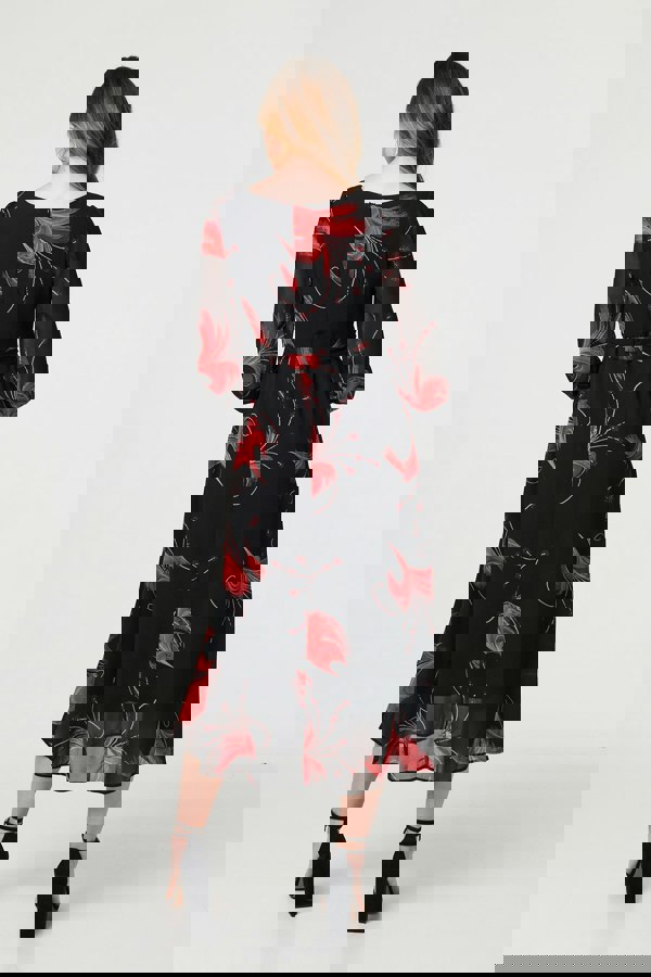 Red | Tropical Print Mesh Layered Midi Dress
