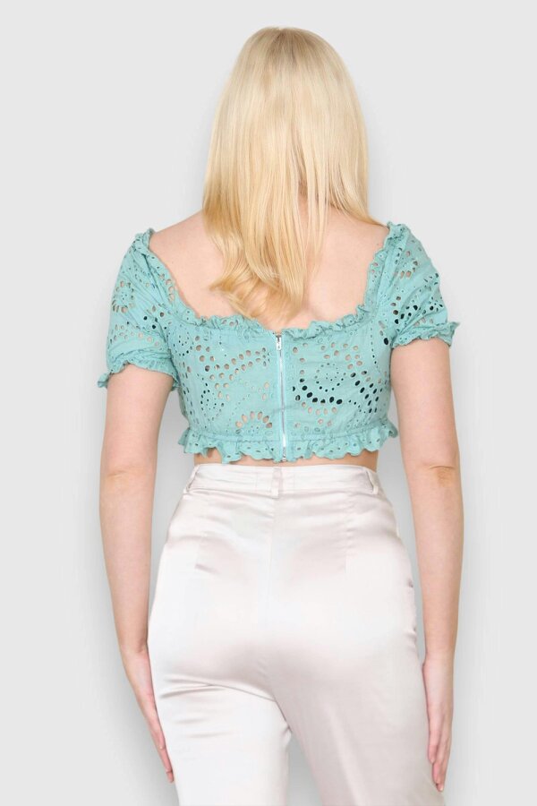 Elaina Fashion Women's  On-Off Shoulder Floral Eyelet Embroidery Broderie Cotton Crop Top