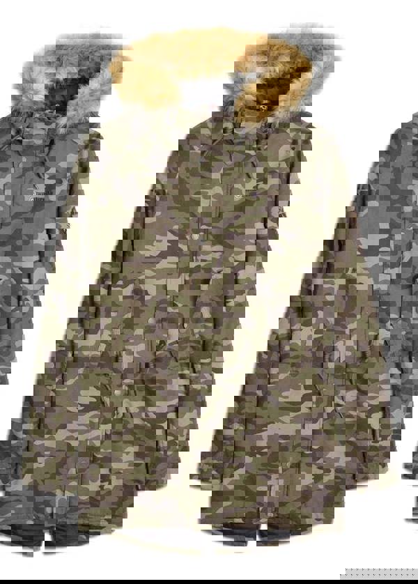 Lambretta Mens/Womens Carnaby Scooter Hooded Classic Mod Ska Badge Parka, camouflage pattern winter coat with fur-lined hood and multiple pockets.