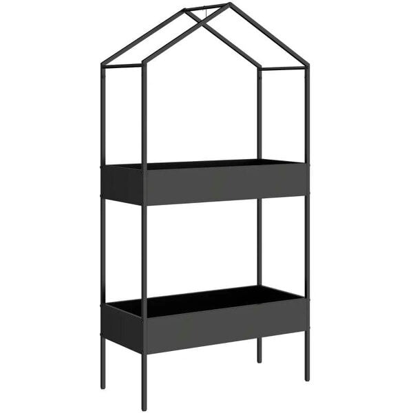 Bobobiy 2 Tier Plant Stand, Outdoor Indoor Metal Plant Stand with Hook, House-Shaped Pots Holder Display Rack, Black
