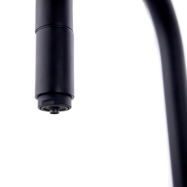 close up of a modern round neck matt black pull out boiling water tap on a white background