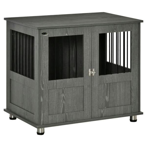 Grey dog crate table with raised top, double doors, and metal latch detail