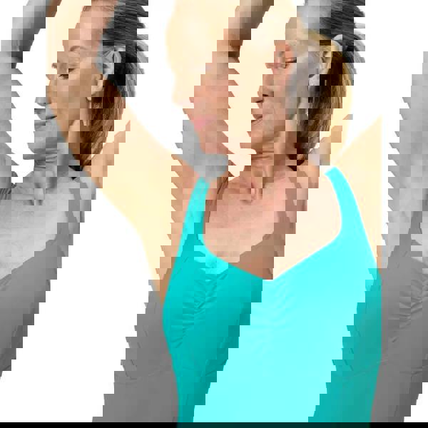 Teal green tank top with ruched neckline in Speedo shaping aquanite swimsuit