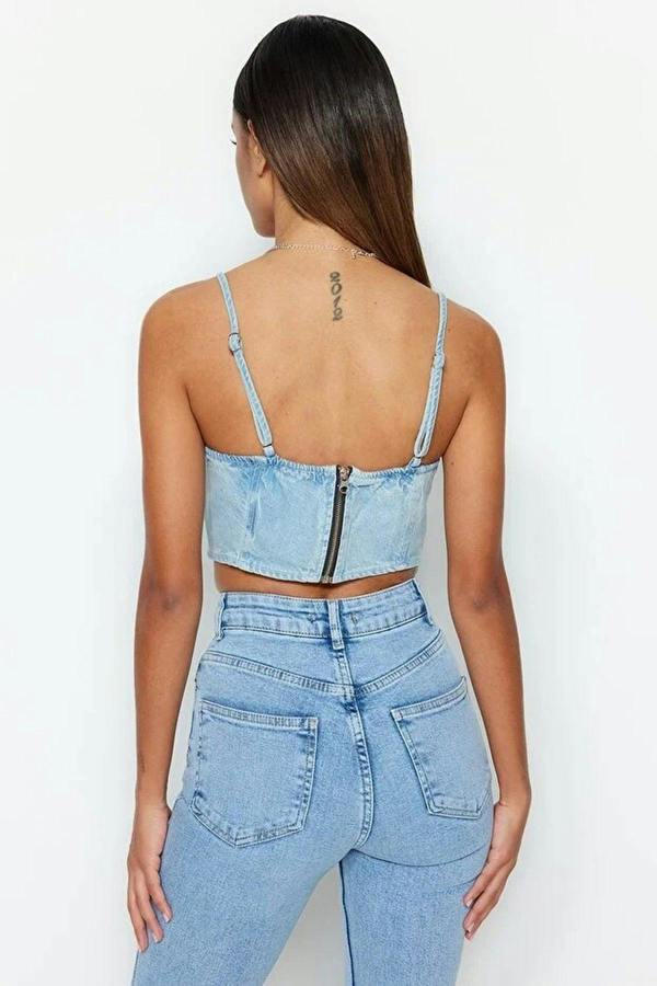 WOVCOR Tie-Detail Sweetheart Neckline Fitted Crop Denim Bustier