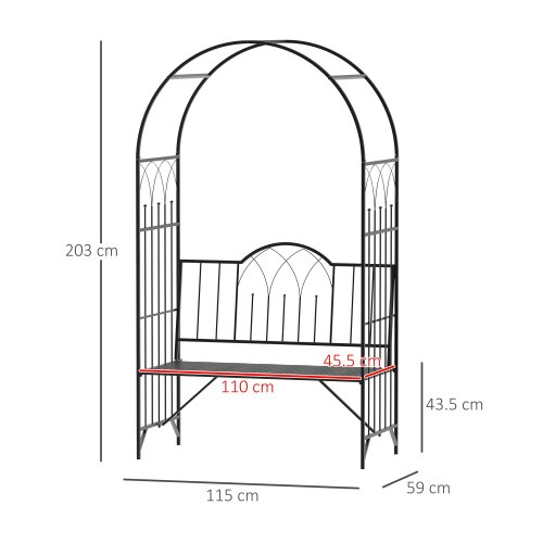 Wyld Haus Katoba Metal Black 2 Seater Garden Arch Bench With Trellis For Climbing Plants