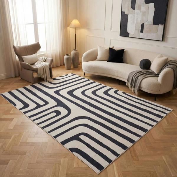 geometric blue cream rug non-shed textured pile