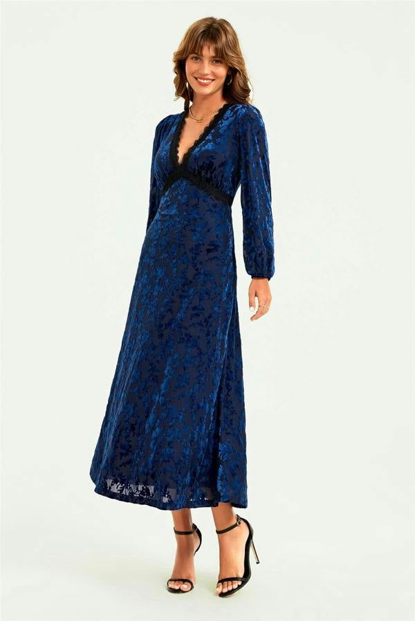 FS Collection Floral Velvet Devore Lace Trim Neckline Midi Dress In Navy