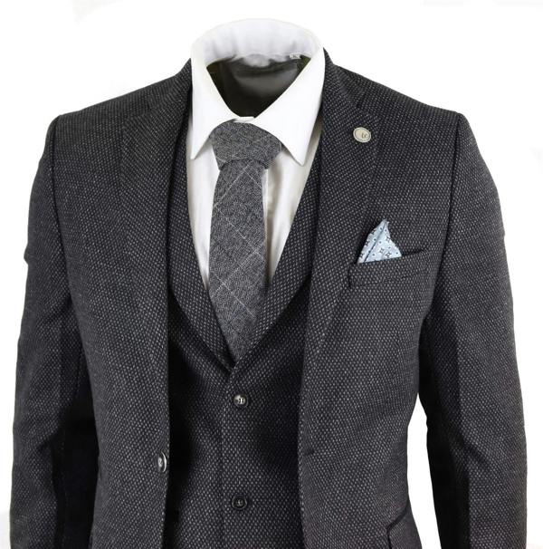 TruClothing Men's 3 Piece Black Herringbone Tweed Suit