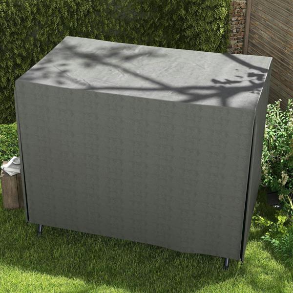 Dark grey three-seater swing chair cover laid over chair frame with corner straps