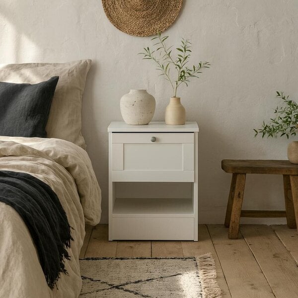 Wyld Haus Cherryfern White Wood Bedside Table 1 Frame Drawer 1 Open Shelf