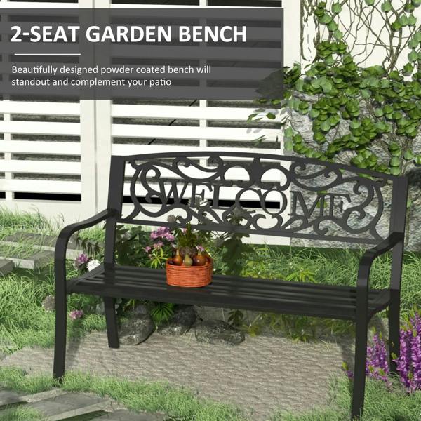 Black steel garden bench with 'WELCOME' ornamental back panel and slatted seat