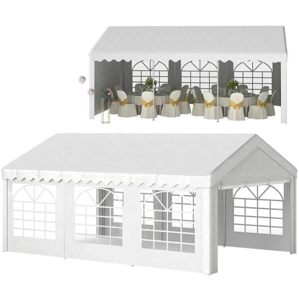 White heavy-duty garden gazebo with scalloped roof and clear grid window panels