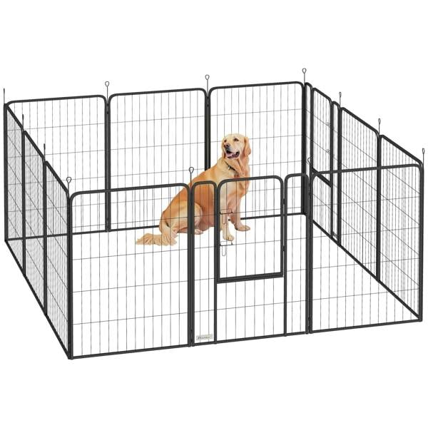 12-panel black metal dog playpen with multiple doors and wire panels, large dog enclosure